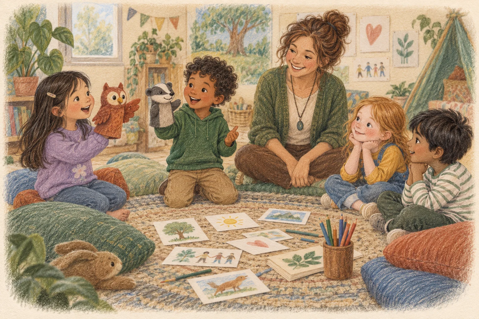 Coloured-pencil illustration of children and a facilitator sharing stories through hand puppets.