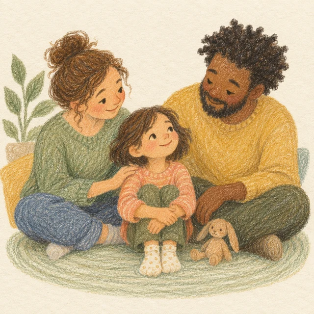 Coloured-pencil illustration: a child with caring adults.